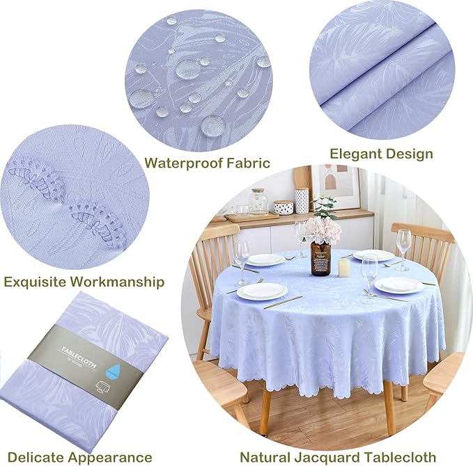 Round Tablecloth 80 Inch Fabric Table cloth Leaves Pattern Scalloped Edge Silky Soft Tablecloth Waterproof Wrinkle Resistant Washable Table Cover Dinning Party Banquet Decoration (Purple)