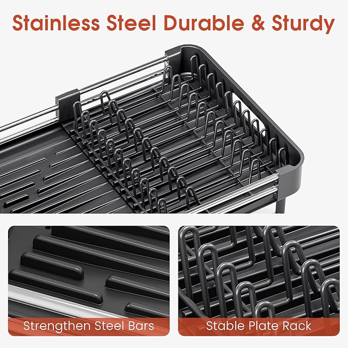 TOOLF Dish Drying Rack with Drainboard, Extendable Dish Rack for Kitchen Counter, Expandable Dish Drainer, Dish Strainer, Foldable Home Countertop Plate Storage Rack with Cutlery Holder, Black