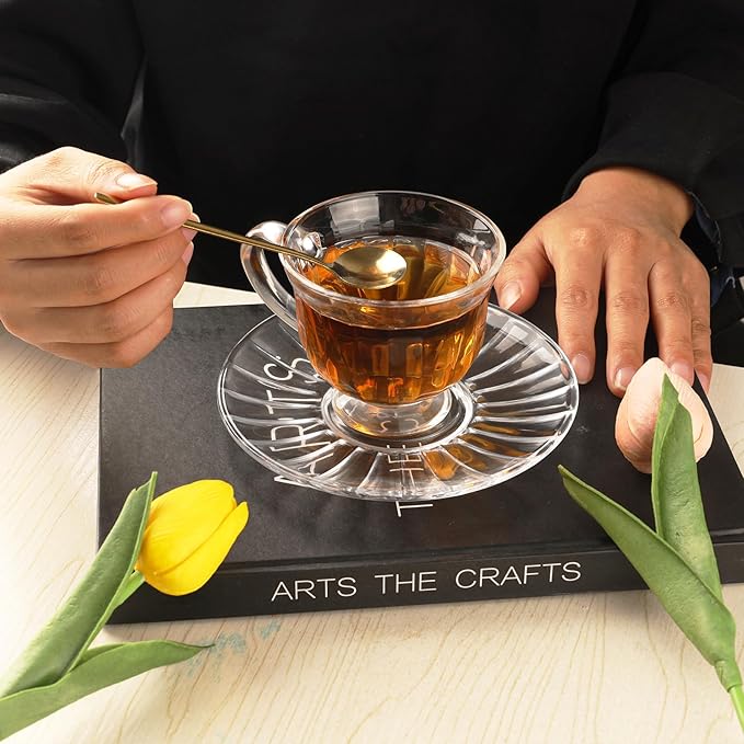 Tea Cups and Saucers Set of 6 - Modern Coffee Mugs - Footed Teacups Set for Espresso Cappuccino Latte Tea - Dishwasher Microwave Safe (5OZ / 150ML)