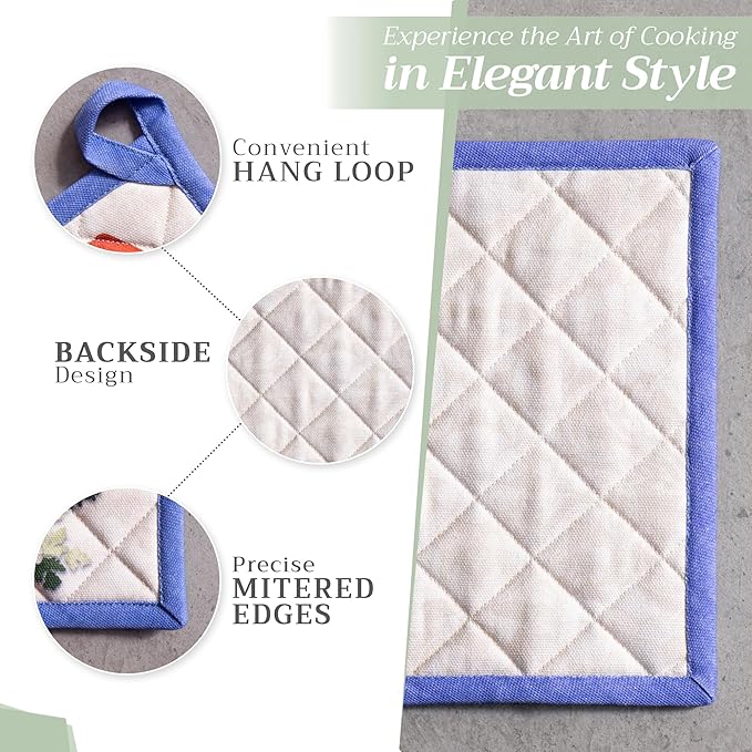Maison d' Hermine 100% Cotton Oven Mitt & Pot Holder Set (7.5"x13" & 8"x8") Heat Resistant BBQ Cooking Gloves with Loop, Baking, Grilling, Kitchen, Handling Hot Pans Spring/Summer (Gourmand)