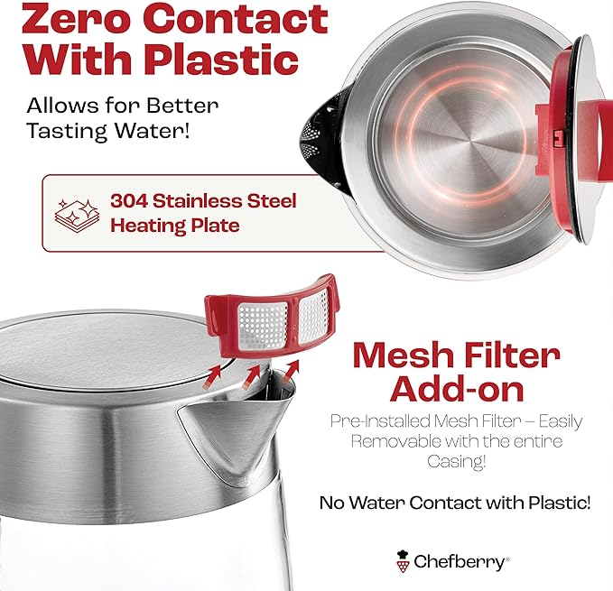 Electric Kettle for Boiling Hot Tea & Water | 1.7L Stainless Steel Borosilicate Glass Boiler With No Plastic, Automatic Shutoff, BPA Free, Fast Heating Technology (Red)