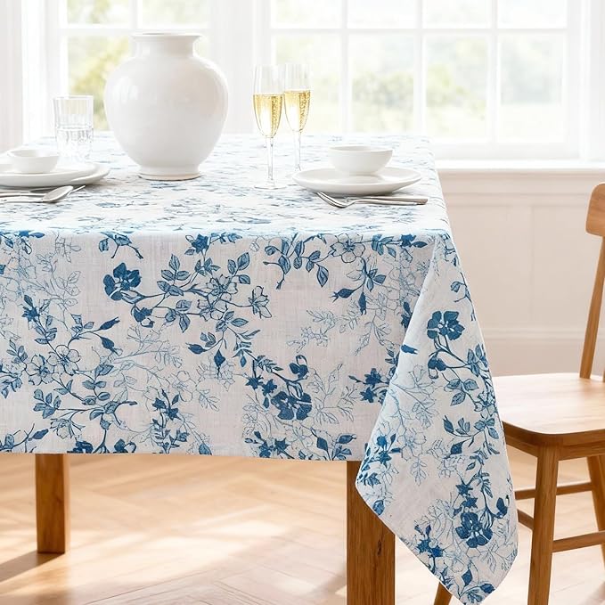 H.VERSAILTEX Linen Table Cloths Floral Printed Tablecloth Spill-Proof Waterproof Table Cover for Dining Buffet Feature Soft and Thick Fabric Wrinkle Free, 60 x 84 Inch, Retro Floral - Stone Blue