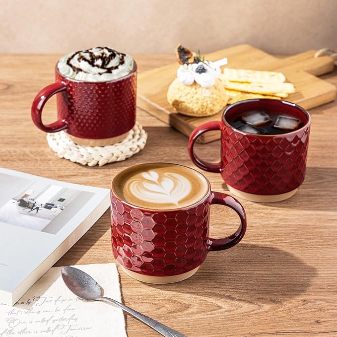 GBhome 15 OZ Large Stackable Coffee Mugs, Ceramic Coffee Mugs with Texture Patterns for Man,Woman,Dad,Mom, Modern Coffee Mugs Set of 4 for Latte/Cappuccino/Cocoa. Dishwasher&Microwave Safe