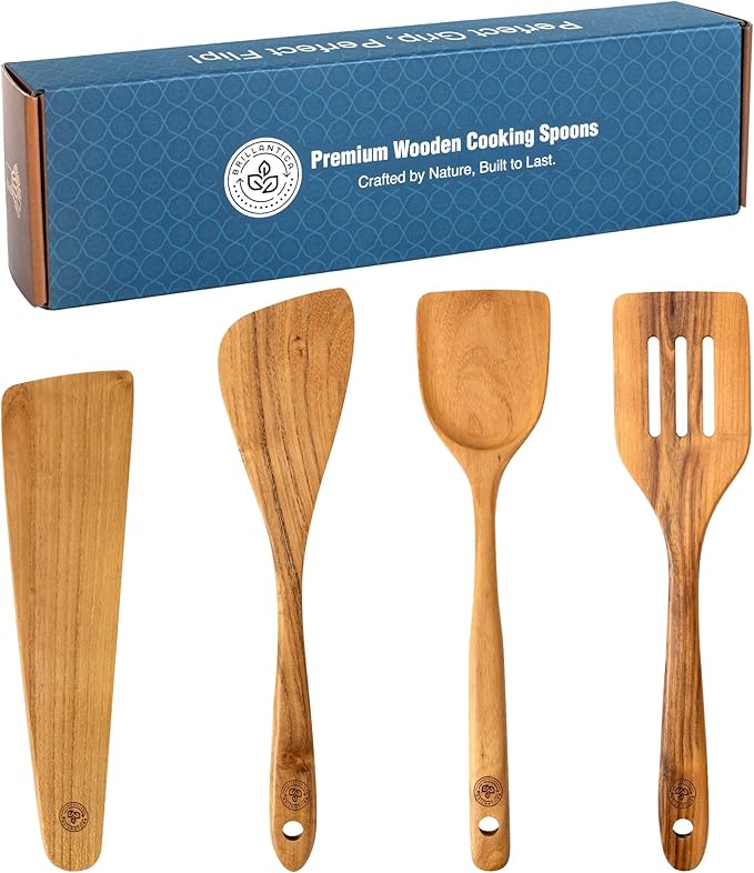 Wooden Kitchen Utensil Set of 4, Natural Wood Spoons and Spatulas, Non Toxic Eco Friendly Durable Wooden Turner and Spatula Set for Cooking. Perfect kitchen cooking utensils.