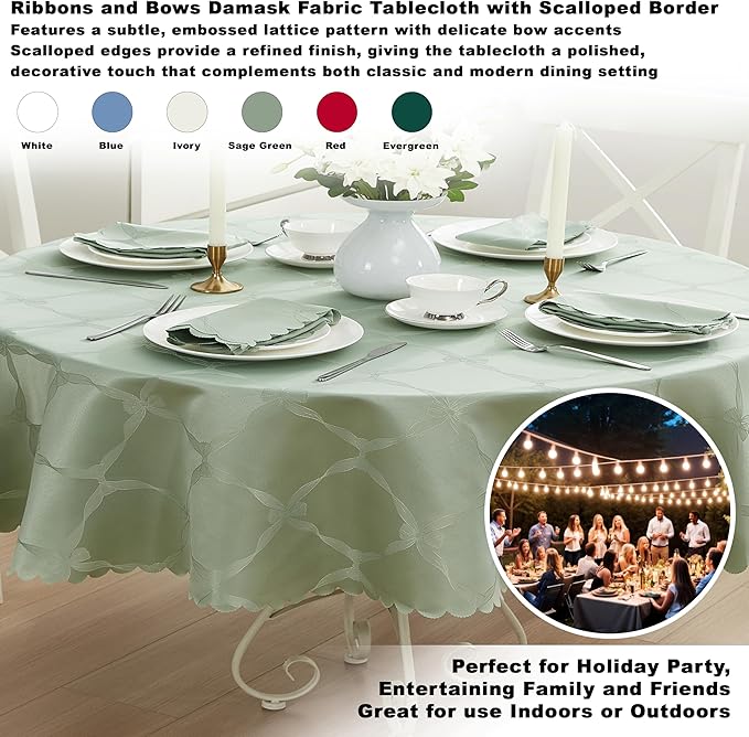 Newbridge Ribbons and Bows Damask Spring & Easter Holiday Fabric Tablecloth, Sage Green, 60 x 102 Inch Oval, Wrinkle & Stain Resistant Table Cover