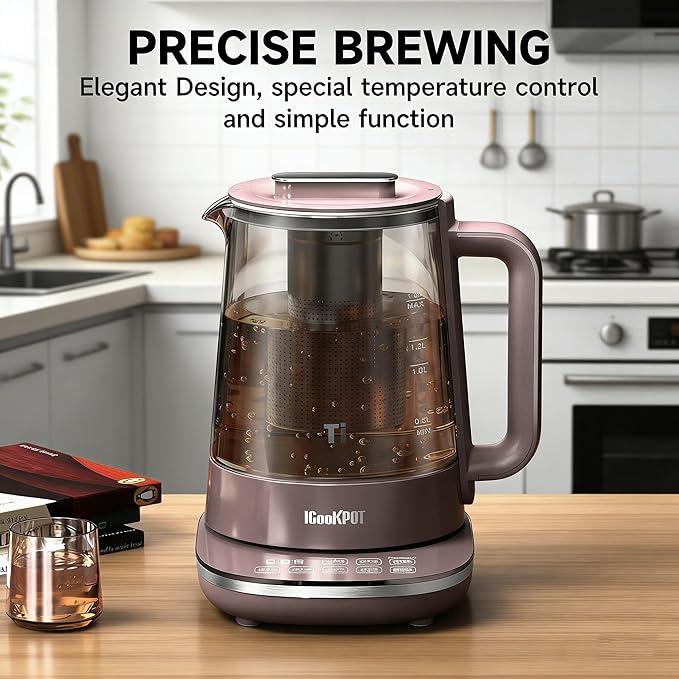 1500W Titanium Hot Tea Maker Glass Electric Kettle with Infuser and Temperature Control, 1.5L Tea Maker Rapid Boiling,Programmable Control for your Favorite Teas and Coffee, Brown