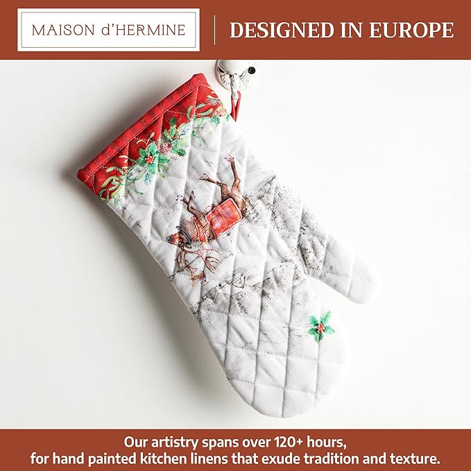 Maison d' Hermine Oven Gloves 100% Cotton Oven Mitt 7" x 13" with Loop Heat Resistant Cooking Gloves for Thanksgiving Christmas Decorations Baking Handling Hot Pans (Pack of 1, Christmas Tradition)