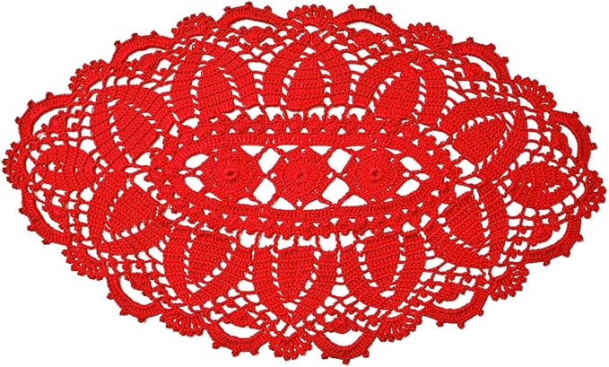 BIBITIME Lace Tablecloth Doily Handmade Crochet Placemat Women Vase Mat Kitchen Table Runner (2PCS- 12 x 22 in, Red)