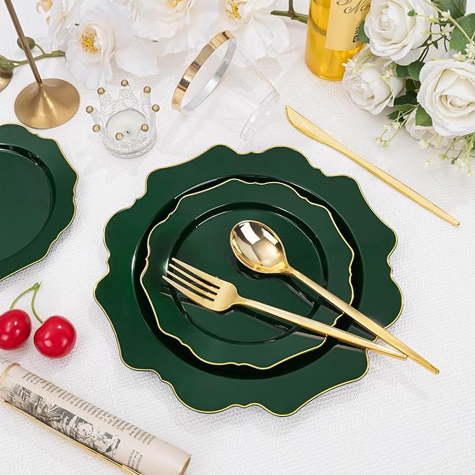WDF 175Pcs Green Plastic Plates - Green Plates Disposable with Gold Rim - Christmas Plastic Plate - Fancy Disposable Dinnerware Sets 25 Guests Ideal for Party/Wedding/Birthday/St.Patrick's Day