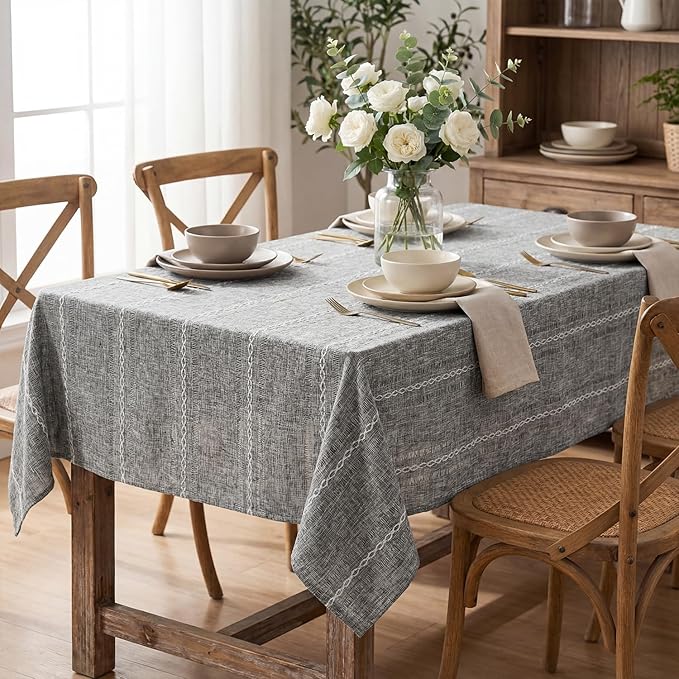 Horaldaily Grey Cotton Blend Tablecloth 52×70 Inch Rectangular, Farmhouse Style, Wrinkle Resistant Washable Table Cloth, Hemstitched Embroidery Table Cover for Home