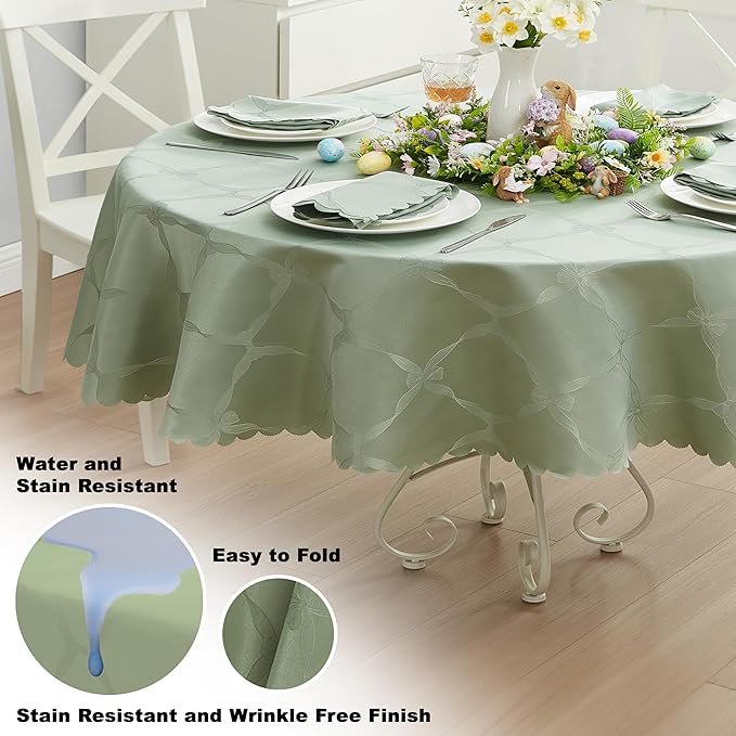 Newbridge Ribbons and Bows Damask Spring & Easter Holiday Fabric Tablecloth, Sage Green, 60 x 84 Inch Oval, Wrinkle & Stain Resistant Table Cover