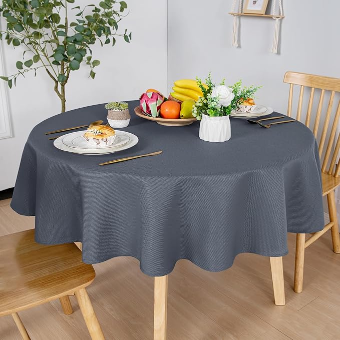 Hiasan Round Textured Tablecloth 60 Inch - Waterproof Spillproof Antiwrinkle Jacquard Table Cloth, Decorative Polyester Table Cover for Kitchen, Outdoor Picnic, Holiday and Parties, Dark Grey