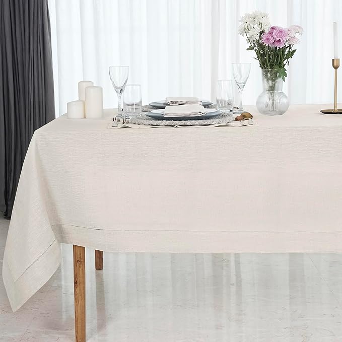 D'Moksha Homes Light Natural Linen Tablecloth for Rectangle Tables 60 x 144 Inch - 100% Pure Linen Natural Table Cloth - Classic Hemstitch, Machine Washable Dining Tablecloth for Valentines, Easter