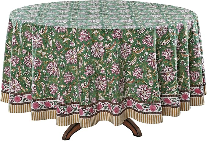 Ridhi Block Print Round Hunter Green Reusable Tablecloth 100% Cotton 60" Inch Decorative Table Cover eveyday Dining, Home, Party, Wedding, Farmhouse Gift for Spring, Easter, Valentine