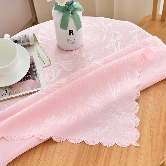 Square Tablecloth 36x36 Inch Leaves Pattern Scalloped Edge Waterproof Jacquard Nightstand End Table Cover for Coffee Teapoy Table Room Decor (Pink)