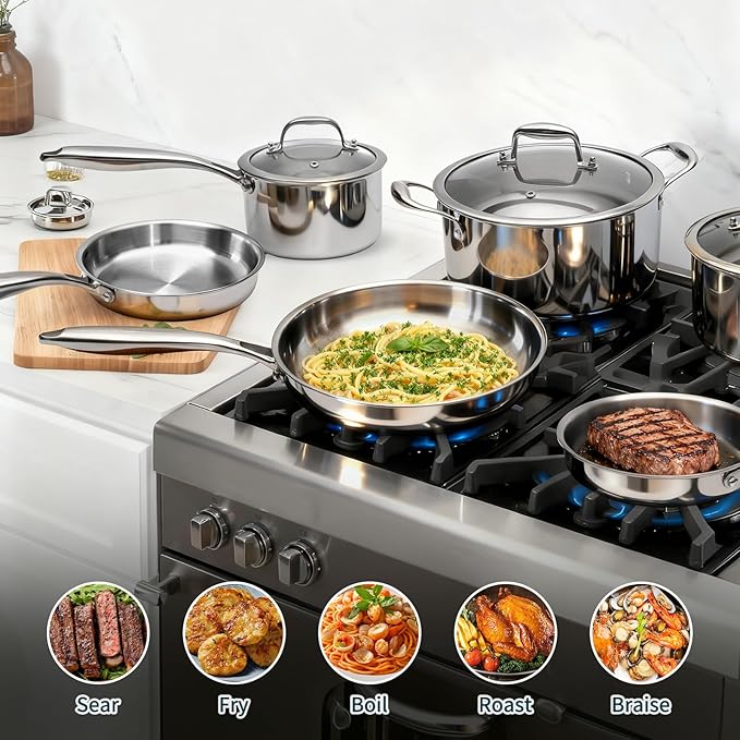 3 Ply Stainless Steel Cookware Set, AIVIKI 10-Pieces Pots and Pans Set, Induction Kitchen Cookware Set, Oven Safe to 500℉, Chef Quality Cooking Set w/Fry Pans, Saucepans, Dutch Oven, Kitchen Essential