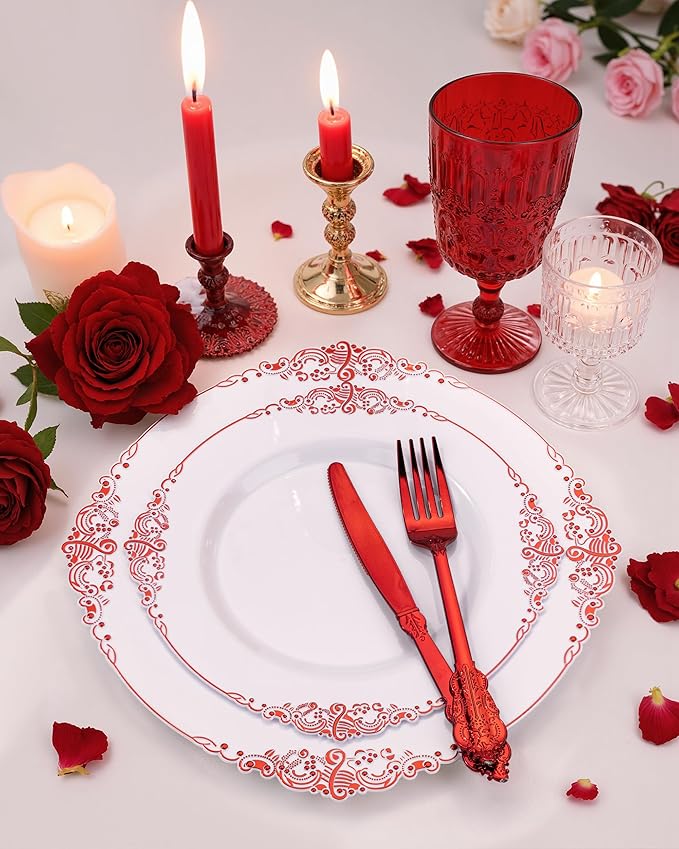 Nervure 350PCS Red Plastic Plates - White Red Plastic Dinnerware Set for 50 Guests - 100 Red Disposable Plates, 50 Pre Rolled Cutlery Set, 50 Cups Perfect for Wedding & Party & Valentine