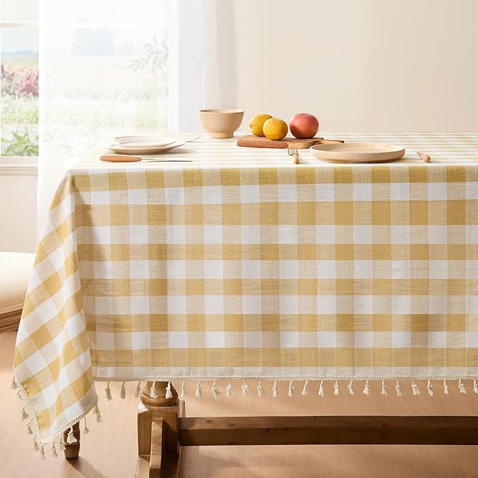 Softalker Checkered Tablecloth Rectangle, Outdoor Linen Cotton Gingham Table Cloth with Tassel, Heavy Duty Wrinkle Free Buffalo Plaid Table Cover for Kitchen Dining Home Party - 55 x 70 Inch, Yellow