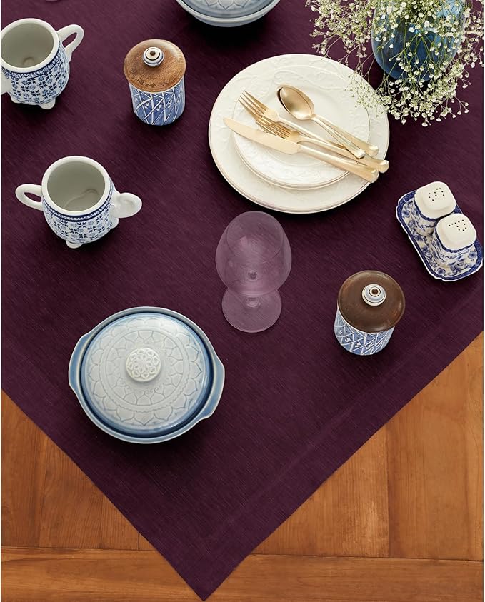 Solino Home Linen Tablecloth 52 x 52 Inch - 100% Pure Linen Square Table Throw - Athena, Machine Washable Chambray Burgundy Tablecloth for Valentines, Winter