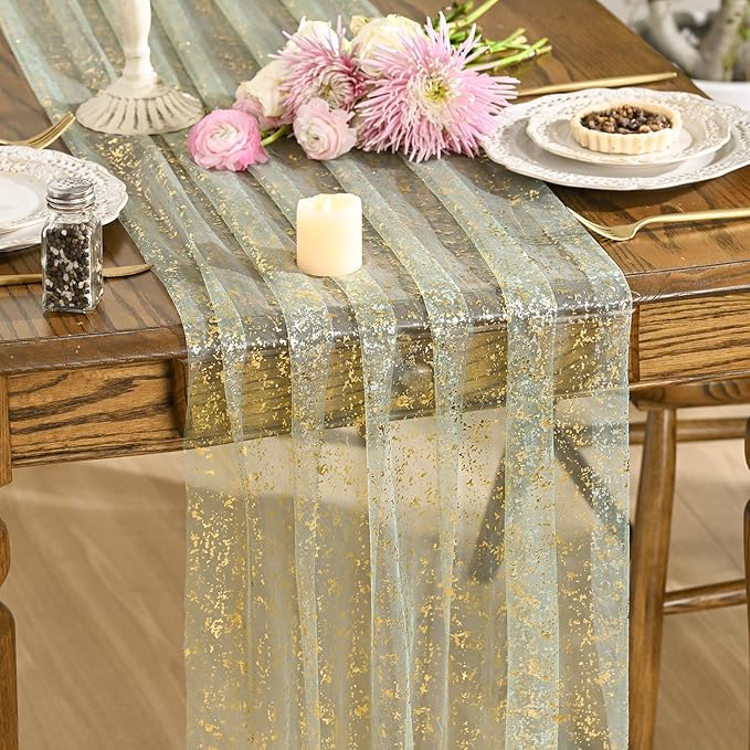Artoid Mode 3PCS Sage Green Gold Gauze Table Runner 120 Inch 10FT, Glitter Metallic Foil Sheer Dining Wedding Anniversary Holiday Birthday Table Decor for Home Party