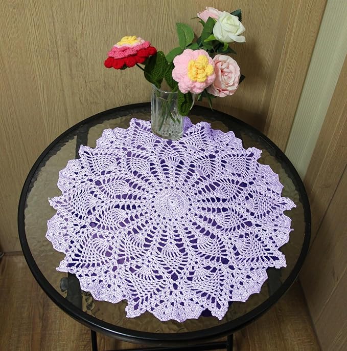 BIBITIME Lace Tablecloth Doily Handmade Crochet Placemat Women Vase Mat Kitchen Table Runner (2PCS- 18 in to 20 in, Light Purple)