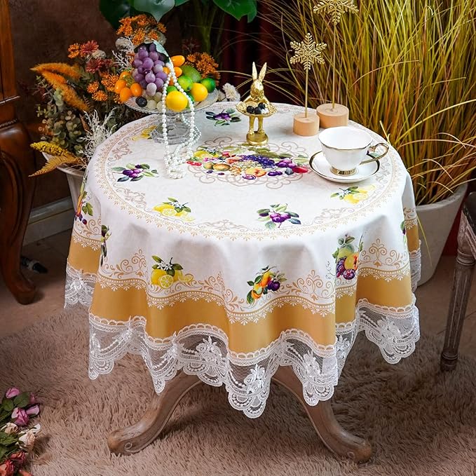 SUTAVIA Lace Embroidered Round Table Cloth Farmhouse TableCover Classic Lemon Fruit Decor Macrame Tablecloth for Coffee Table(Yellow, 45 inch Round)