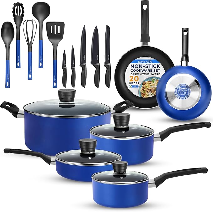 SereneLife 20-Piece Blue Cookware Set with Knives - Includes Multi-Sized Pots and Pans Set Non stick with Lids and Utensils, Heat Resistant, Dishwasher Safe