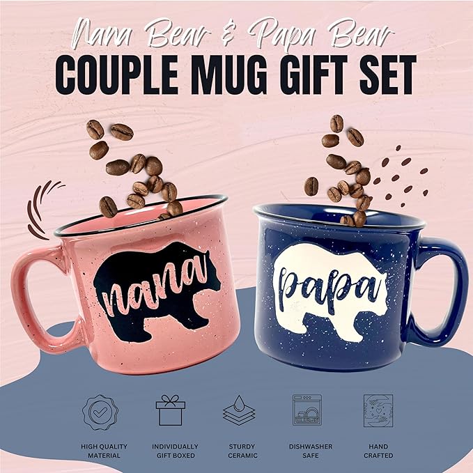 Brooke & Jess Designs Nana and Papa Bear 15 oz Cute Coffee Mug for Grandma, Grandmother - Grandma Gifts, Mother's Day, Christmas, Birthday (Nana Bear Coral and Papa Bear Dark Blue Gift Set)