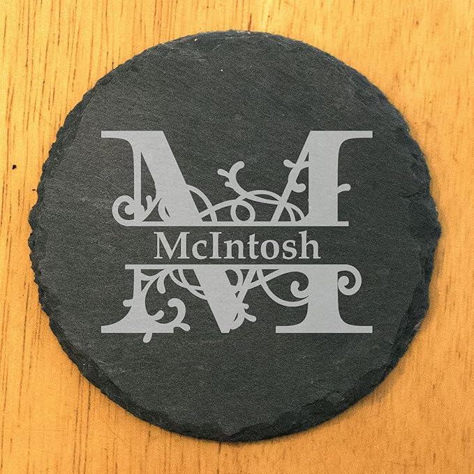 Nature's Touch: Personalized Slate Coasters with Vine Monogram - Round Slate - Set of 5
