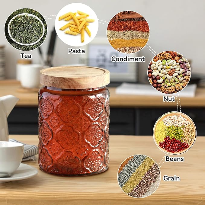 Vintage Glass Jar with Lid,Cookie Candy Jar Coffee Canister Food Storage Containers Storage Jar Set for Kitchen Office (Brown birchapple flowers - acacia)