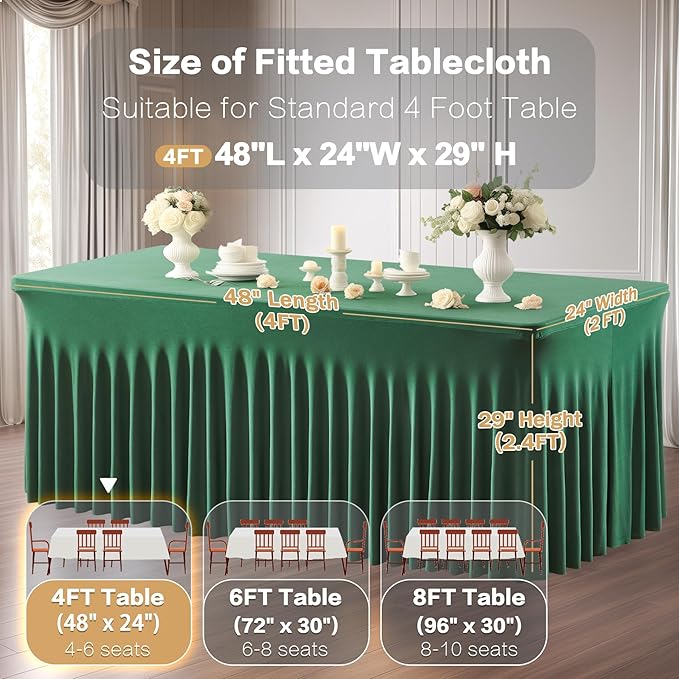 2 Packs Green Spandex Table Clothes for 4 Foot Rectangle Table, Spandex Table Covers 4FT Stretch Table Skirts Wrinkle Free Fitted Tablecloth for Easter, Wedding, Banquet & Parties