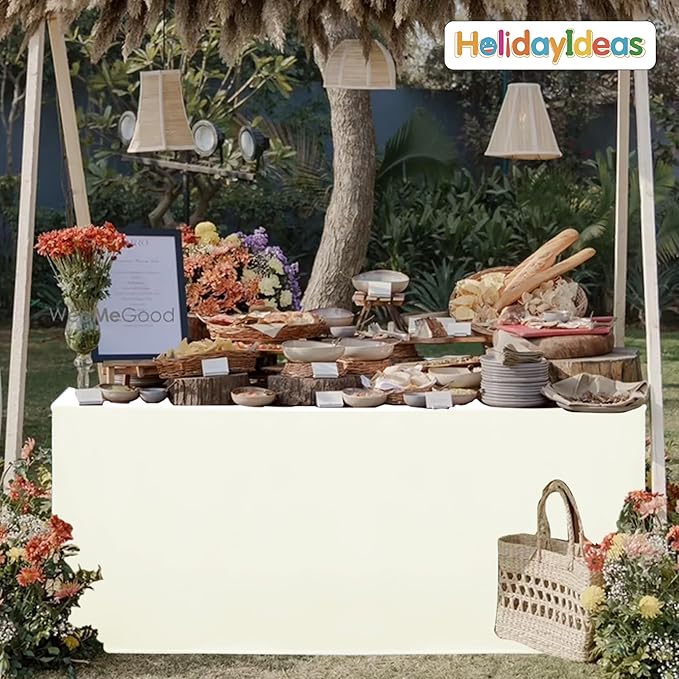 HolidayIdeas Open Back Fitted Tableclothss for 4 Foot Rectangle Table, Wrinkle Resistant Washable Table Covers 24x48 Inch for Craft Fairs, Banquets, Trade Show Display, Beige,4 Pcs