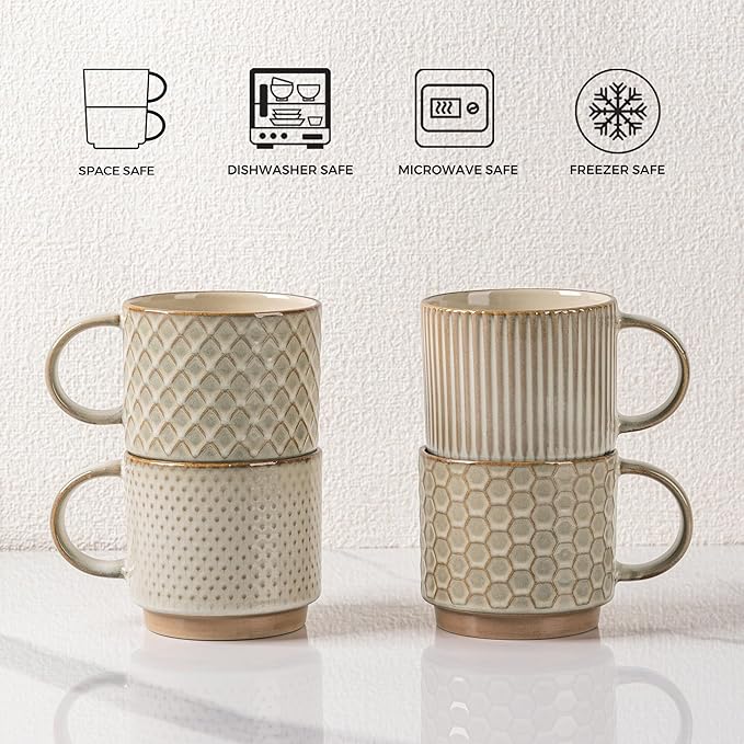 GBhome 6OZ Stackable Coffee Mugs with Stand and Saucer, Ceramic Coffee Mugs Set of 4 with Texture Patterns for Man,Woman,Dad,Mom, Modern Coffee Cups for Latte/Espresso. Dishwasher&Microwave Safe