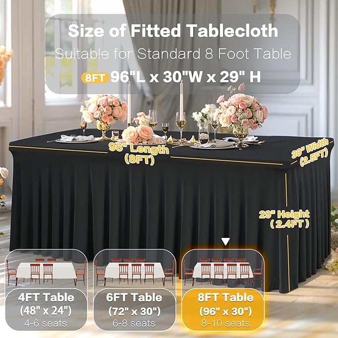 2 Packs Black Spandex Table Covers 8 Foot, Fitted Stretch Table Cloth with Skirts 96x30 Inch, Wrinkle-Free Floor Length Rectangle Tablecloths for Trade Show Weddings Parties Banquets Events