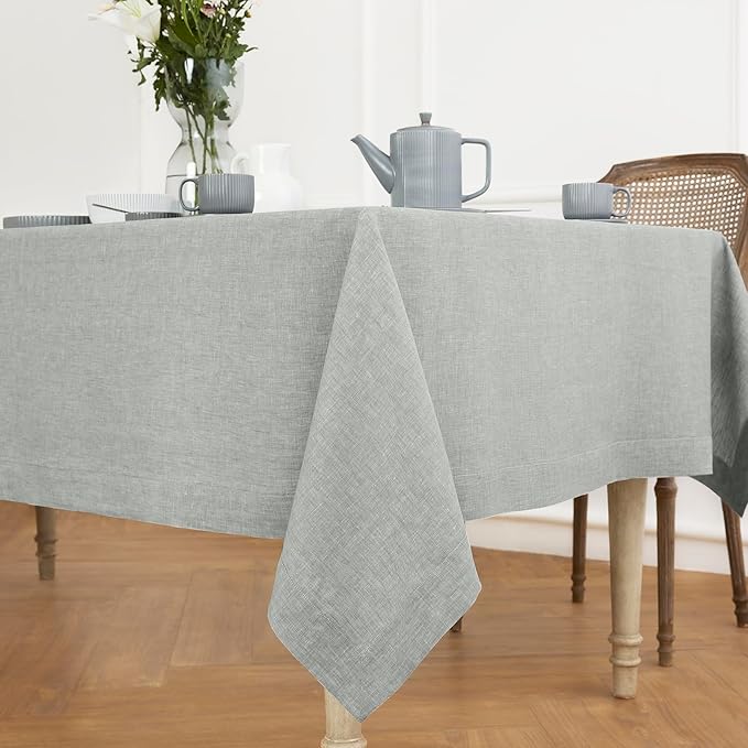 Solino Home Linen Tablecloth 60 x 120 Inch - 100% Pure Linen Chambray Grey Table Cloth for Rectangle Tables - Athena, Machine Washable Fabric Tablecloth