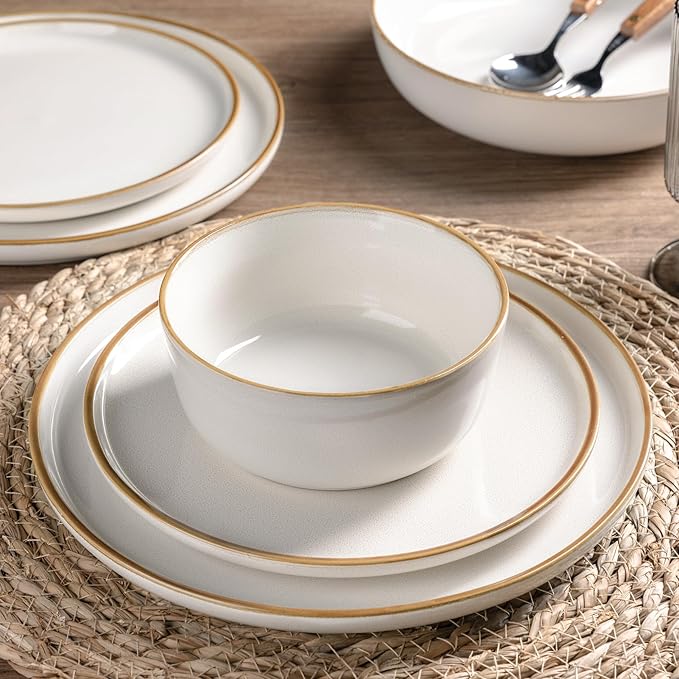 GBHOME Ceramic Dinnerware Sets for 6, 18 Pieces Stoneware Plates and Bowls Sets, Scratch Resistant Dishes, Dishwasher & Microwave Safe, Reactive Glaze-White