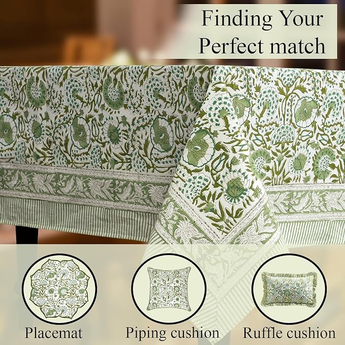 CPC Tablecloth 100% Cotton 70x118 Inch Indian Block Print Rectangle Table Cover, Table Cloth for Weddings, Spring/Summer, Barbeque -Agate Green