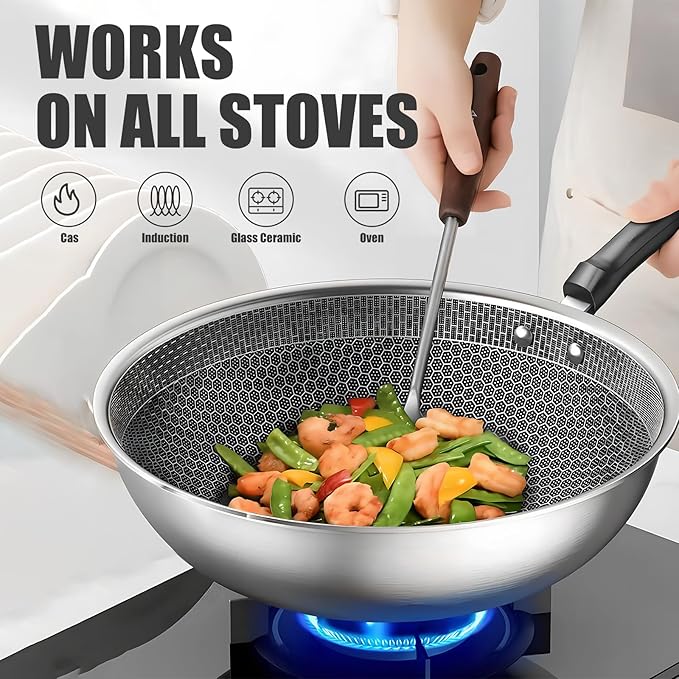 13.4” Stainless Steel Wok Pan with Lid – Honeycomb Non Stick Stir Fry Pan for Induction, Gas, Electric & Ceramic Cooktops – Tri-Ply Deep Frying Wok with Stay-Cool Handle, PFOA-Free