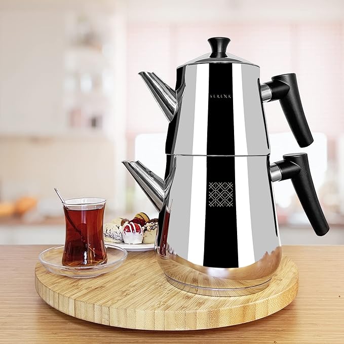 Serenk Definition Stainless Steel Teapot Set, 1L Teapot & 2L Lower Pot, Double-Stacked Design, Induction Compatible, Mirror Polished Finish, Tea Kettle for Home