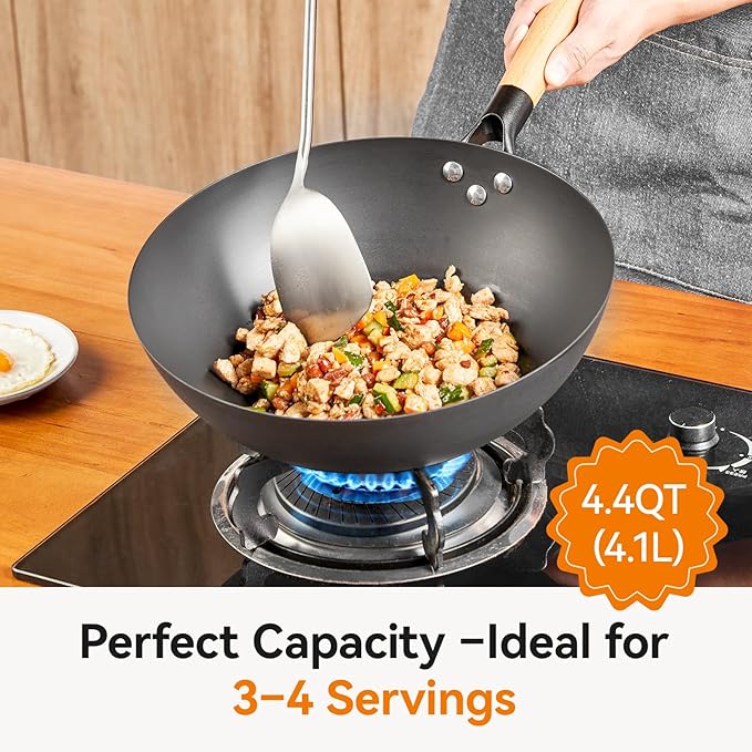 11.8 Inch Carbon Steel Wok, Flat Bottom Stir Fry Pan with Glass Lid, Uncoated High-Purity Iron Wok for Family Meals, Compatible with Gas, Electric & Induction Cooktops