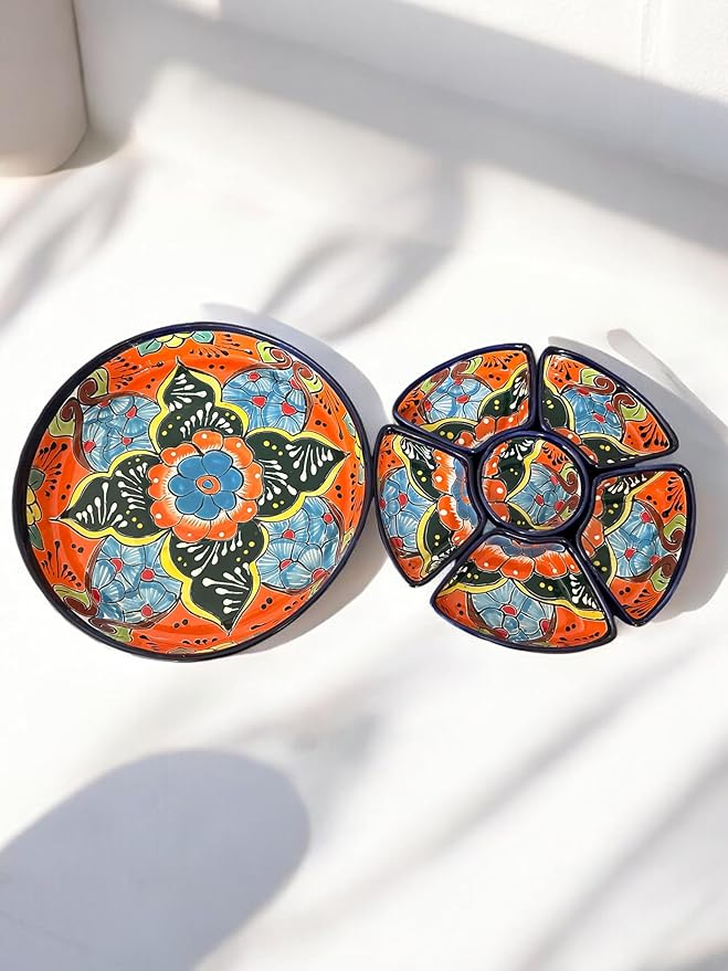 Handmade 7-Piece Talavera Appetizer Tray | Sectional Botanero Party Platter for Dips, Sauces & Charcuterie