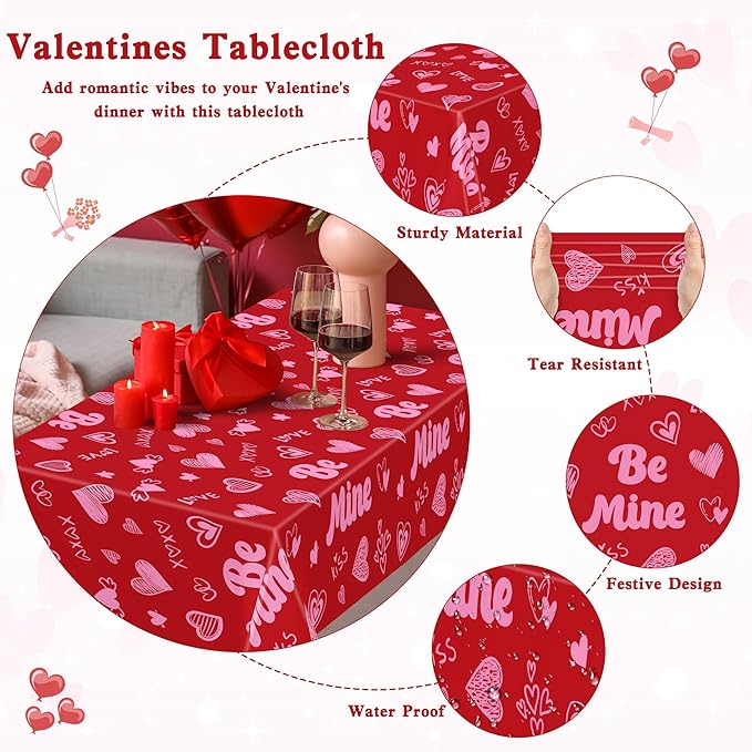QZYL 6 Pcs Valentines Tablecloth, 54" X 108" Pink Love Heart Plastic Table Cover, Valentines Disposable Rectangle Table Cloth, Valentine's Decorations for Love Wedding Engagement Anniversary Party
