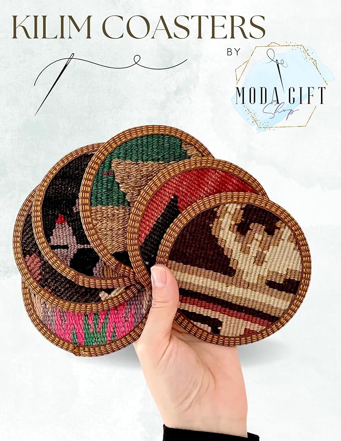 Kilim Fabric Coaster Set, Boho Coaster Set, Midwestern Coasters, Cloth Coaster Set, Authentic Turkish Kilim (4 Coasters)