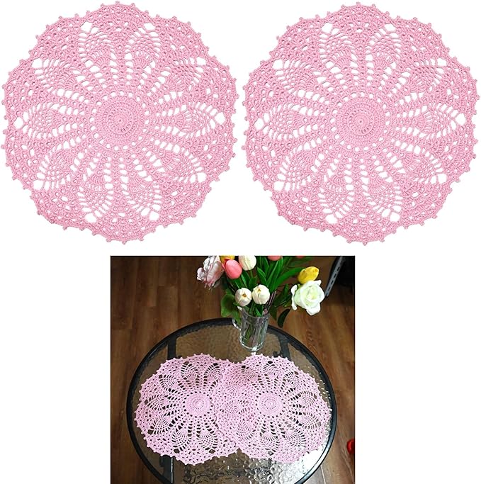 BIBITIME 2 PCS 11 inches to 12 inches Lace Doilies Crochet Handmade Lace Coasters Round Placemat Rustic Table Doilies Decors for Kitchen Dining Room Party Dressers Pink