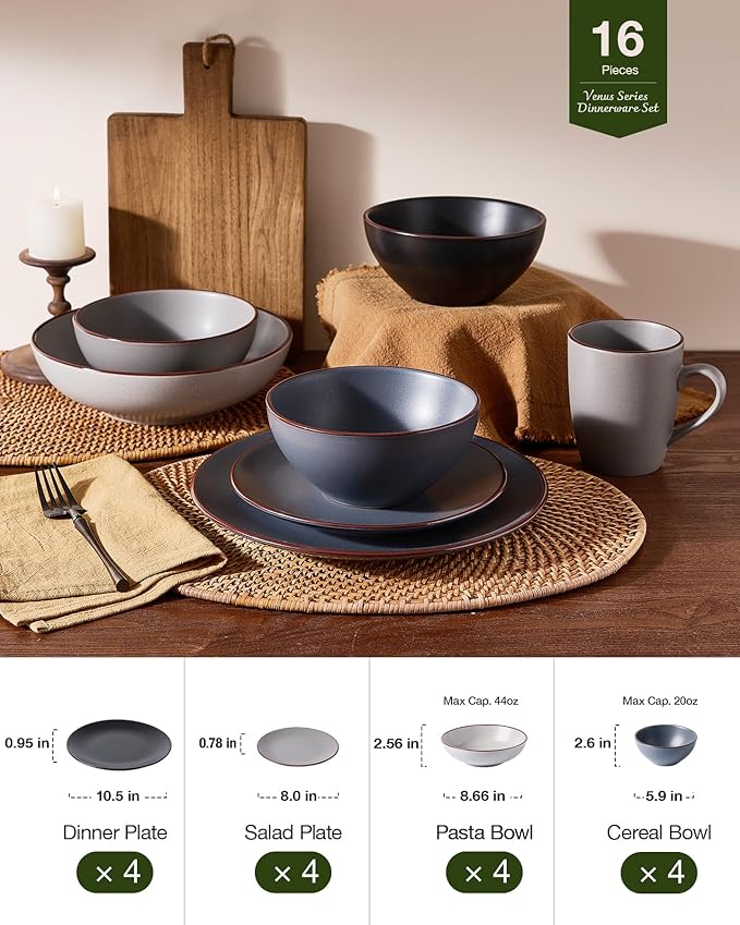 Famiware Venus Speckled Dinnerware Set with Pasta Bowls, Service for 4 (16 Pieces), Stoneware Plates and Double Bowls Sets, Microwave & Dishwasher-Safe Dishes with Trim, Matte Multi-color
