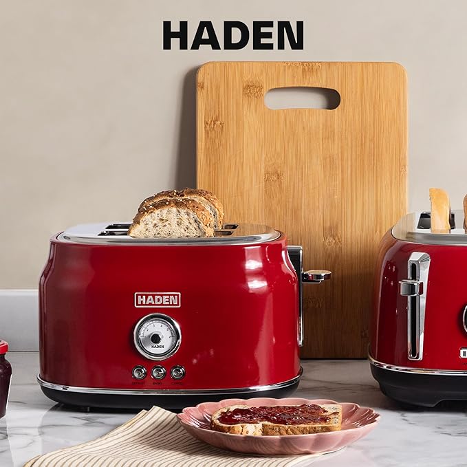 Haden Dorset 2 Slice Wide Slot Stainless Steel Toaster with Adjustable Browning Control & Non-Slip Feet, Rectory Red