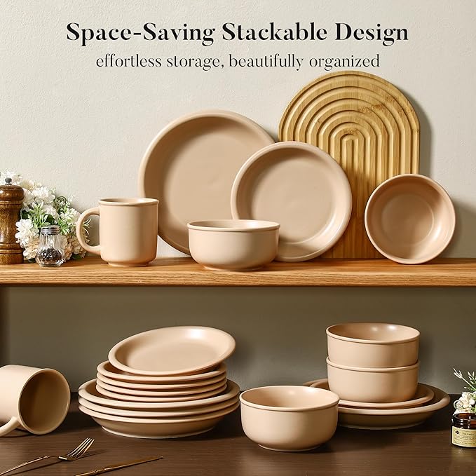 GZG Vintage Series - Ceramic Dinnerware Set for 8, 24 Pieces Stoneware Plates and Bowls Set, Lead-Free, Handcrafted Dishes Set, Microwave & Dishwasher Safe - Warm Apricot