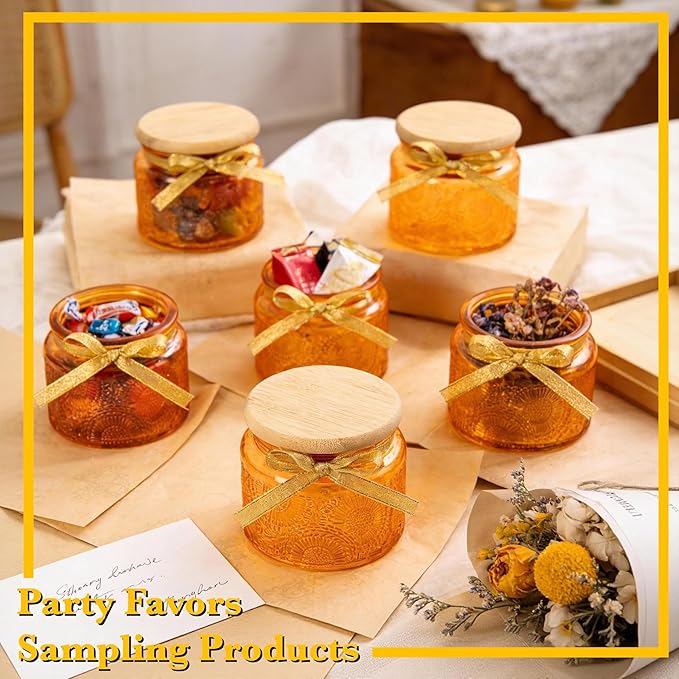 4 oz Amber Mini Glass Jars with Airtight Bamboo Lids 6 pack, Decorative Small Food Storage Canister, Vintage Embossed Home Decor Candle Parties Wedding Baby Shower Favors Gift