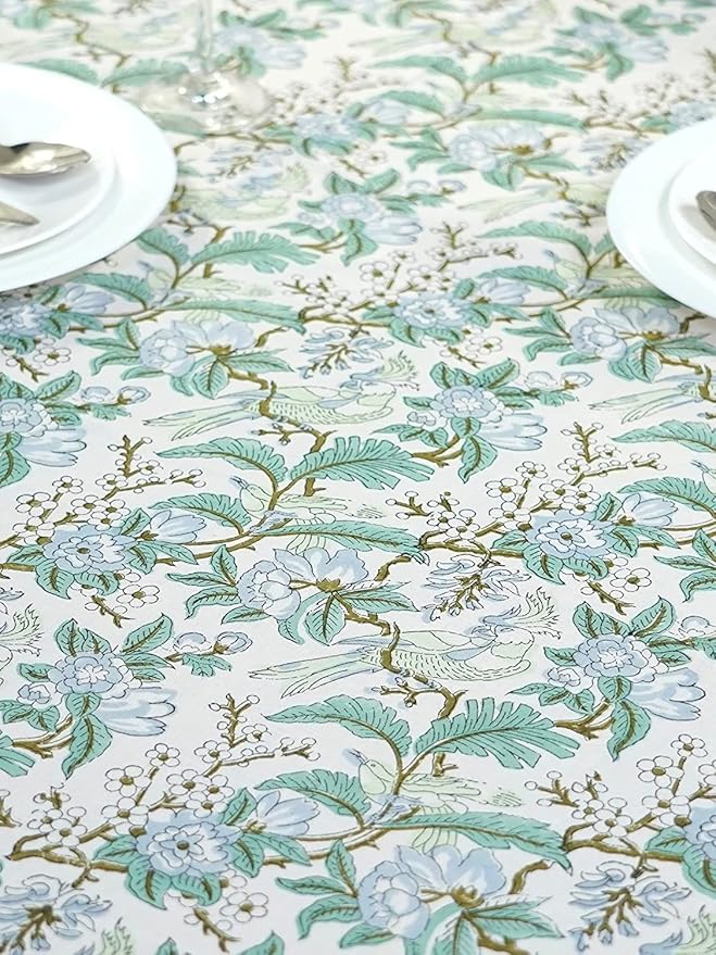 Ridhi Hand Block Print Sage Russian Green Rectangle Cotton Tablecloth 190" x 72" Reusable Table Cover Decorative Everyday Use for Dining, Farmhouse, Home Gift for Spring, Easter, Valentine