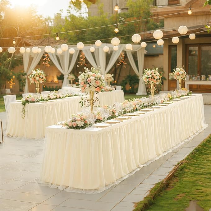 4 Pack 6ft Champagne Tulle Tablecloths for Rectangle Tables, 72 x 30 Inch Rectangular Table Cloth, Wrinkle Free Table Cover with Tutu Skirt for Wedding Birthday Party Banquet Buffet Decorations